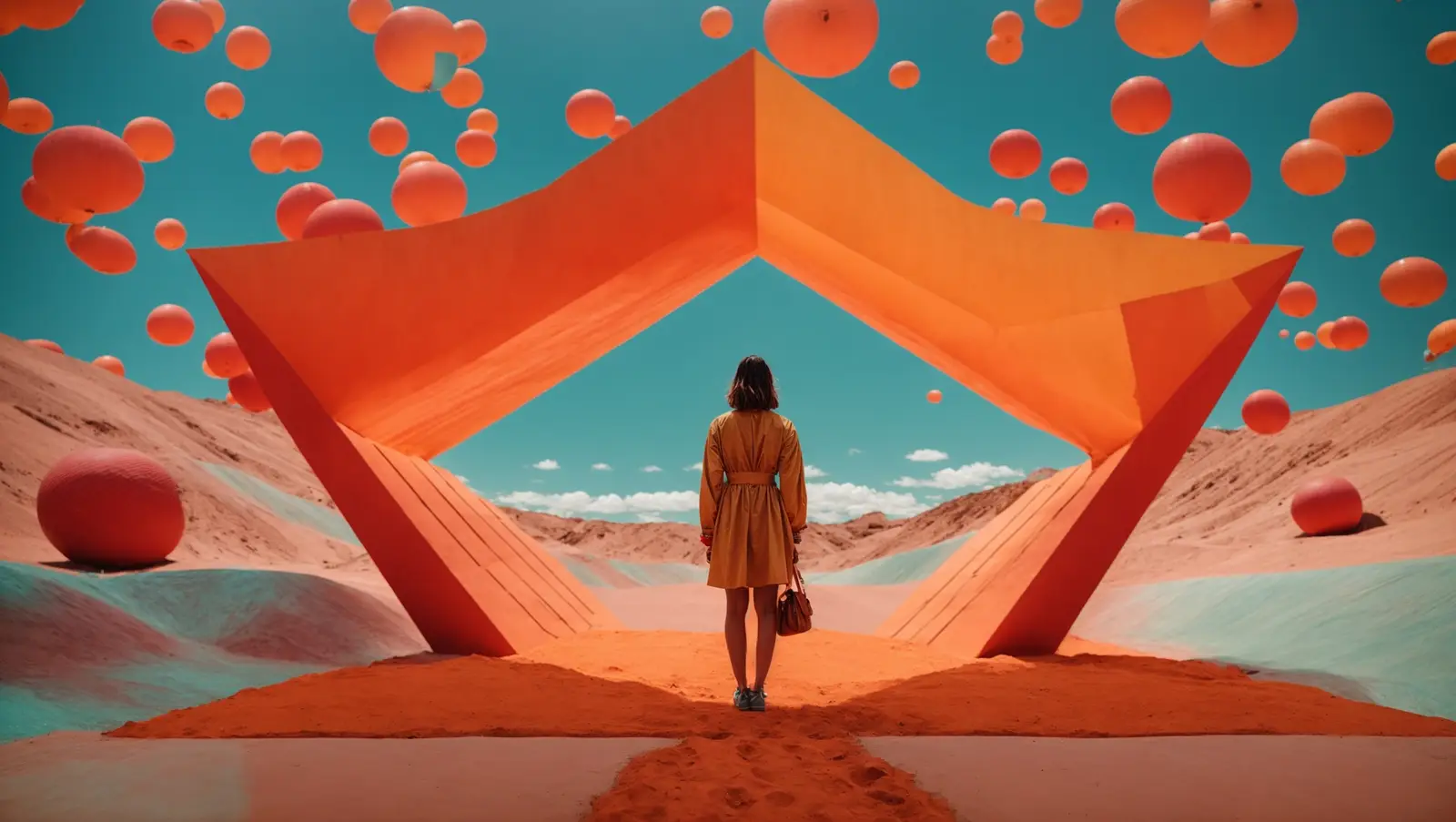 A person standing at the threshold of a bold orange gateway, looking out at a horizon