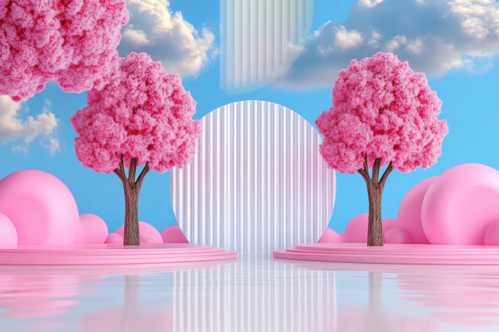 Pink cotton-candy trees on glossy pink platforms in front of a ribbed white arch under a blue sky